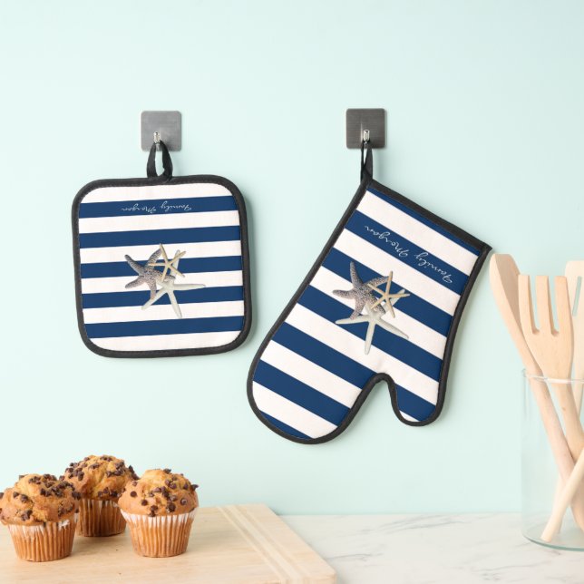 Set De Manoplas Starfish Adorable, Navy Blue Stripes Personalizado (Insitu (colgante))