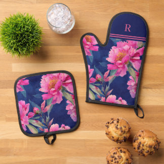 Set De Manoplas Stunning Pink Floral Bloom Monogrammed