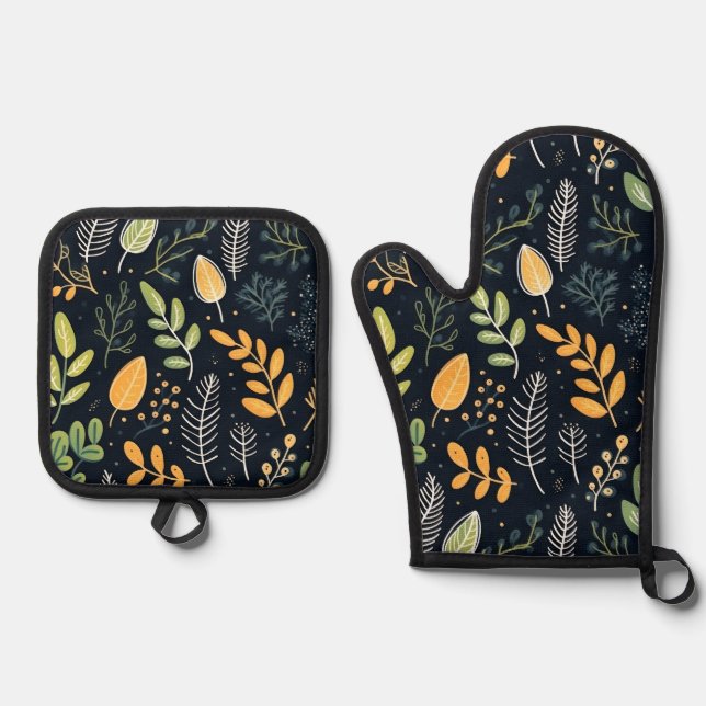 Set De Manoplas Stylish Green and Yellow Foliage Pattern  (Anverso)