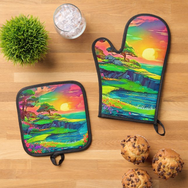 Set De Manoplas Sunset Cliff Paradise Art (De arriba hacia abajo)