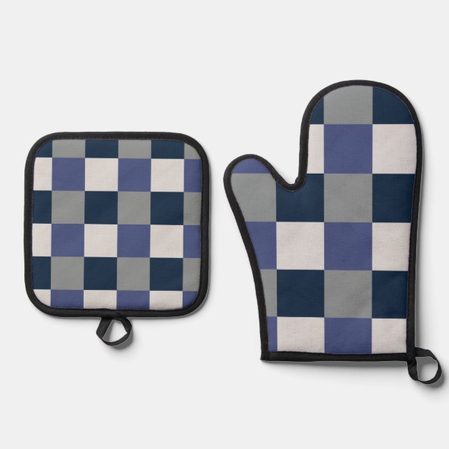Set De Manoplas Tablero de ajedrez gris azul marino blanco  (Anverso)