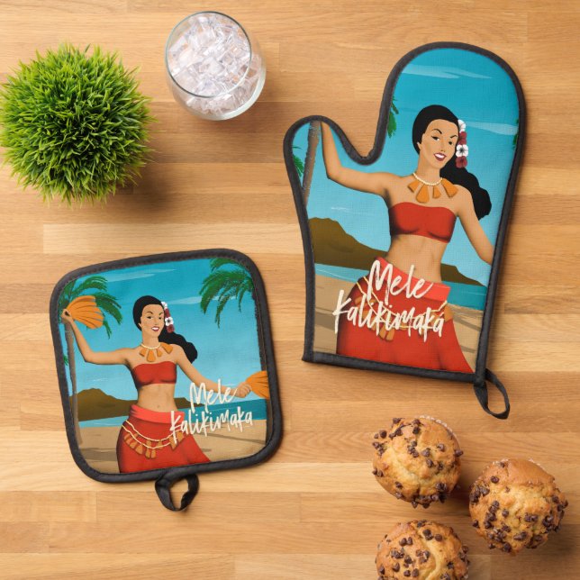 Set De Manoplas Tarjeta postal hawaiana Mele Kalikimaka (De arriba hacia abajo)