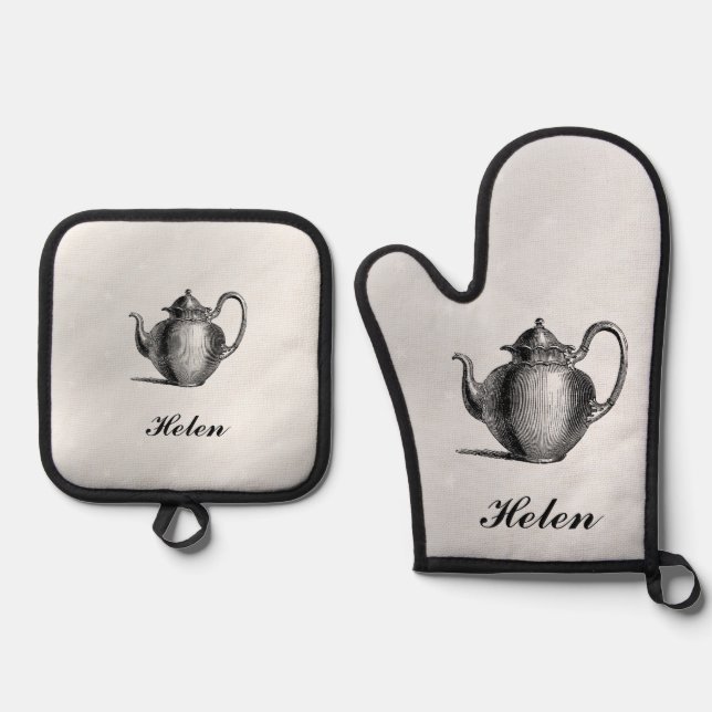 Set De Manoplas Té Pot Antiguo Con Nombre (Anverso)