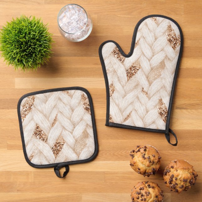 Set De Manoplas Tela Falsa Tejida Blanca con Brillo Dorado   (De arriba hacia abajo)
