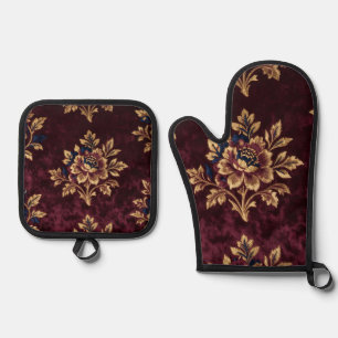 Set De Manoplas Terciopelo Borgoña Peonía Embroidería Floral Dorad