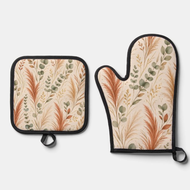 Set De Manoplas Terracotta Pampas Grass Eucalyptus Neutral Boho (Anverso)