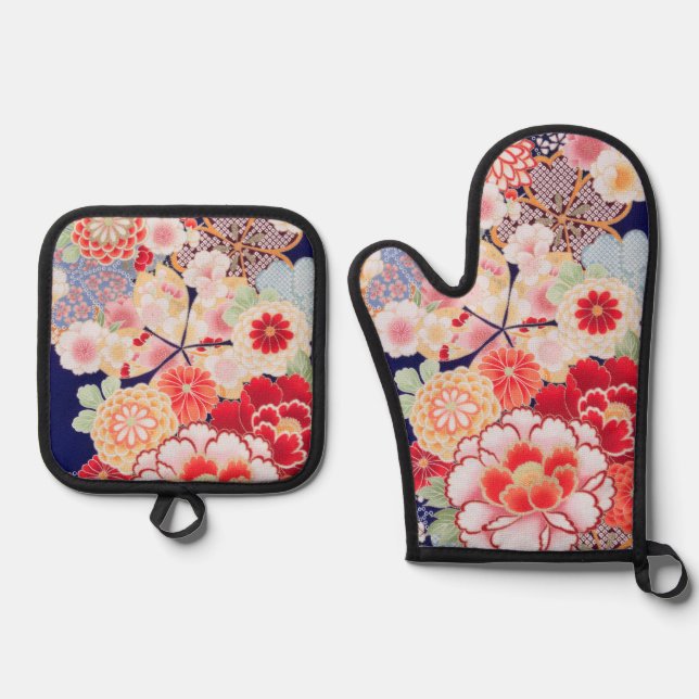 Set De Manoplas Textil KIMONO Japonés, Flor (Anverso)