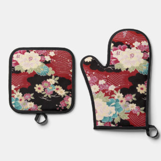 Set De Manoplas Textil KIMONO Japonés, Patrón Floral