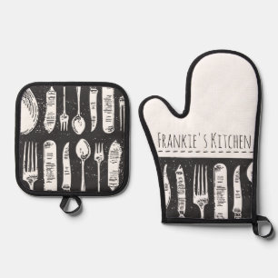 Set De Manoplas Texto Personalizado cuadrado de cubiertos ilustrad