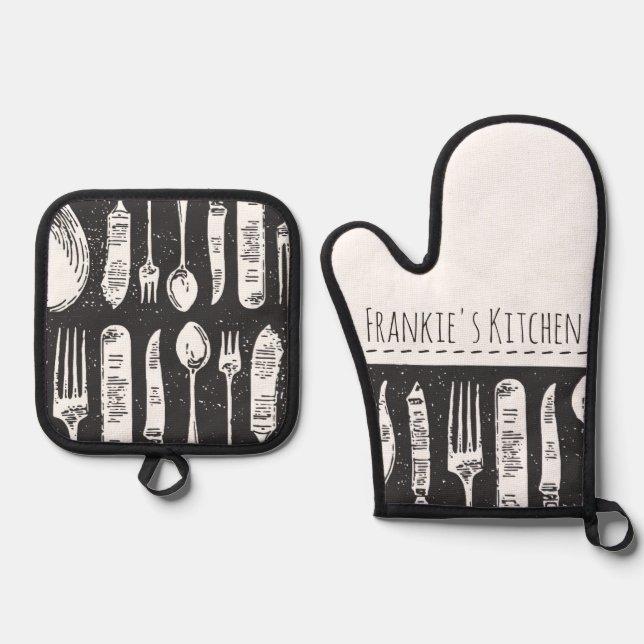 Set De Manoplas Texto Personalizado cuadrado de cubiertos ilustrad (Anverso)
