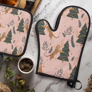 Set De Manoplas "Tigre navideño vintage con el rosa del árbol de N