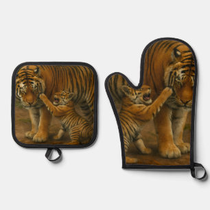 Set De Manoplas Tigre tenso - padre y cachorro en bosque