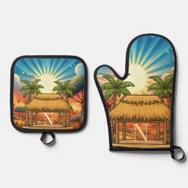 Set De Manoplas Tiki Hut Sunrise Monogram Personalized 