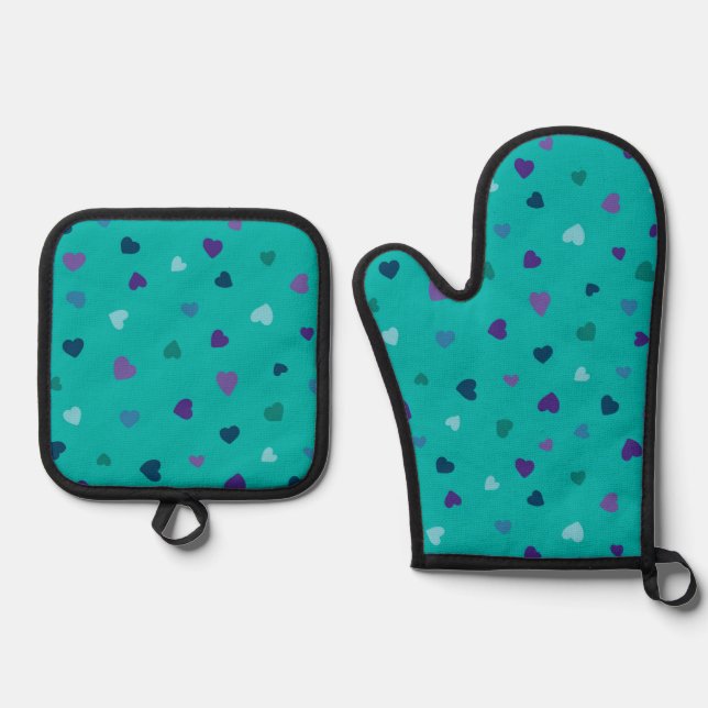 Set De Manoplas Tiny Hearts, Purple, Teal, Blue on Turquoise (Anverso)