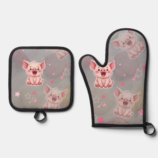 Set De Manoplas  Tiny Pink Piggy Oven Mitt and Pot Holders (Anverso)