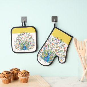 Set De Manoplas Toalla de cocina de pavo real floral acuarela