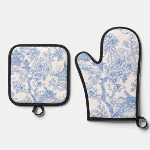 Set De Manoplas Toile de Chinoiserie Azul Dragón Flor de Cerezo