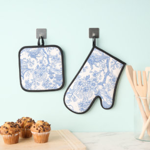 Set De Manoplas Toile de Chinoiserie Azul Dragón Flor de Cerezo