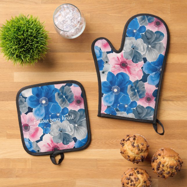 Set De Manoplas Torta nupcial floral azul rosa chic (De arriba hacia abajo)