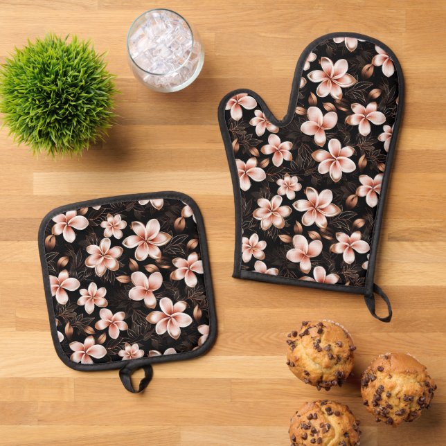 Set De Manoplas Torta nupcial floral rosa dorado con toque negro (De arriba hacia abajo)