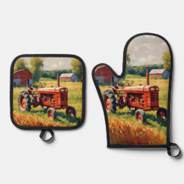 Set De Manoplas Tractor Rojo Antiguo Vehículo Agrícola Rústico Vin