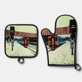 Set De Manoplas Tren turquesa y amarillo