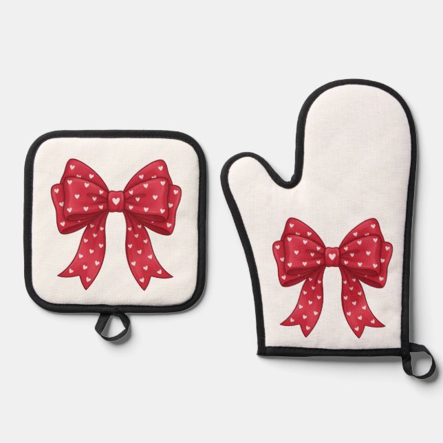 Set De Manoplas Trendy Coquette Red Ribbon Bow with White Hearts (Anverso)