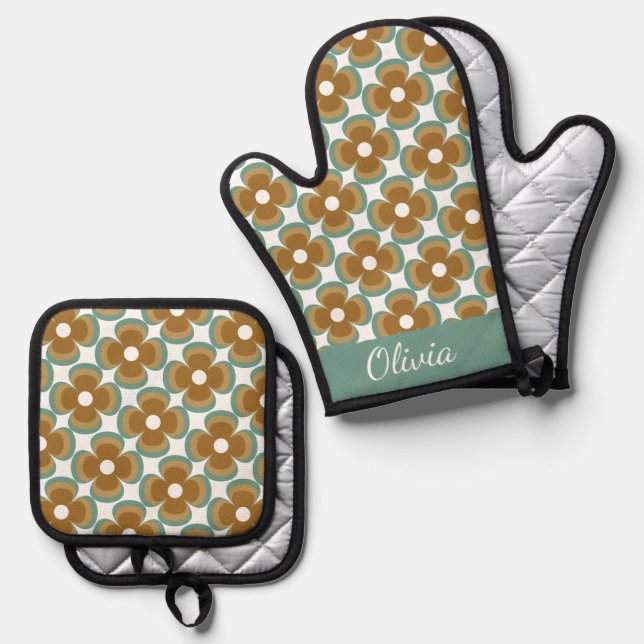 Set De Manoplas Trendy Teal Caramel Retro Groovy Flowers Seamless (Anverso/Reverso)