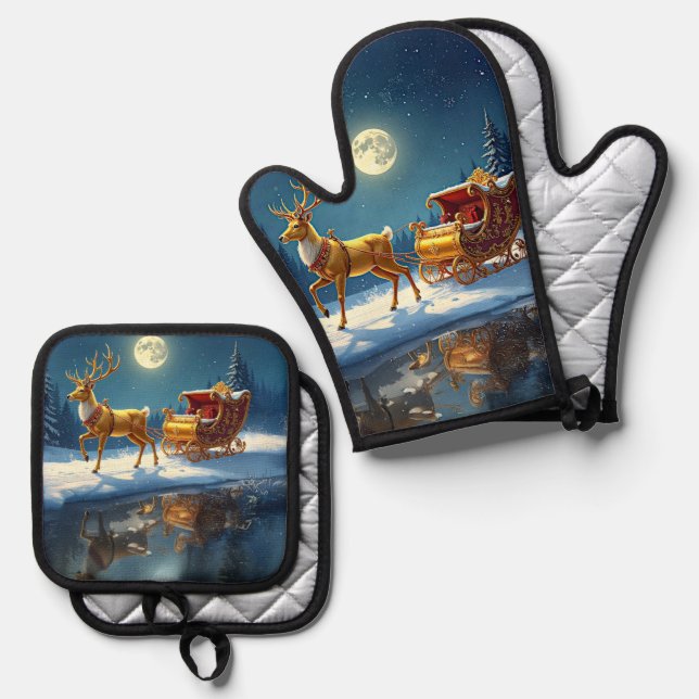 Set De Manoplas Trineo de Navidad de Reno (Anverso/Reverso)