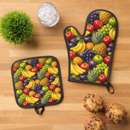 Set De Manoplas Tropical harvest, vibrant fruit pattern, oven mint
