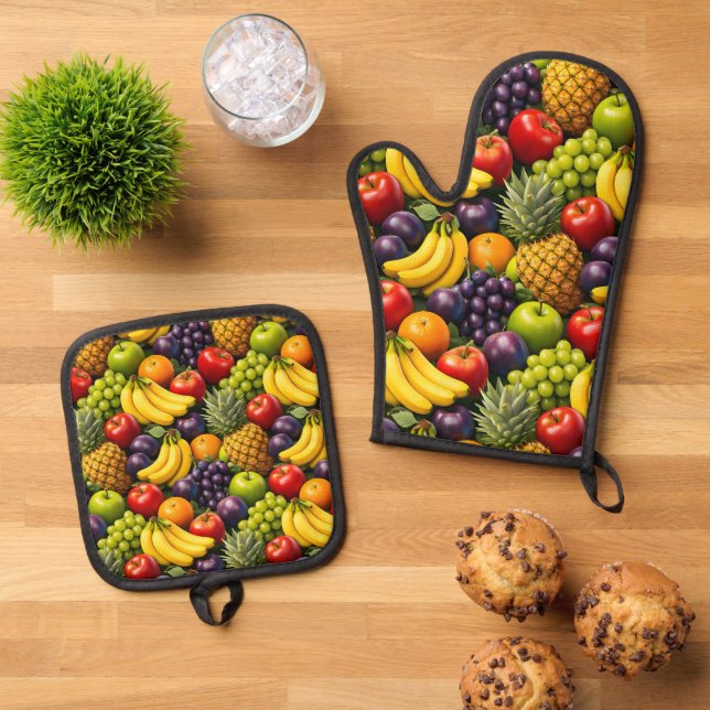 Set De Manoplas Tropical harvest, vibrant fruit pattern, oven mint (De arriba hacia abajo)