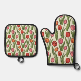Set De Manoplas Tulipanes Rojos Mitts & Pot Holder