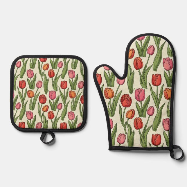 Set De Manoplas Tulipanes Rojos Mitts & Pot Holder (Anverso)
