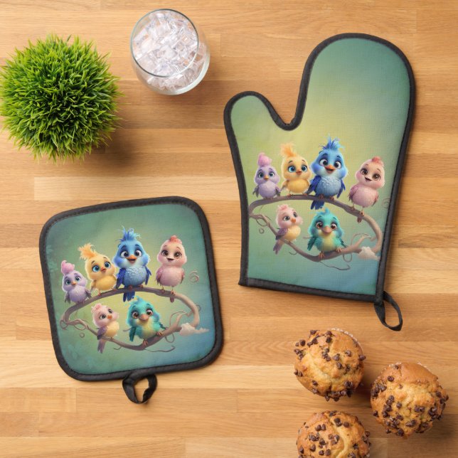 Set De Manoplas Un bonito desfile de pájaros personalizados en col (De arriba hacia abajo)