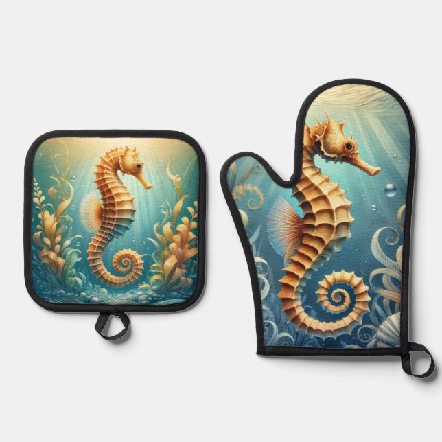 Set De Manoplas Un elegante caballito de mar nadando bajo el agua (Anverso)