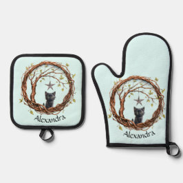 Set De Manoplas Un gatito negro lindo mirando una estrella