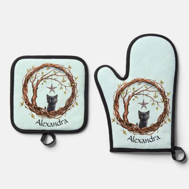 Set De Manoplas Un gatito negro lindo mirando una estrella (Anverso)