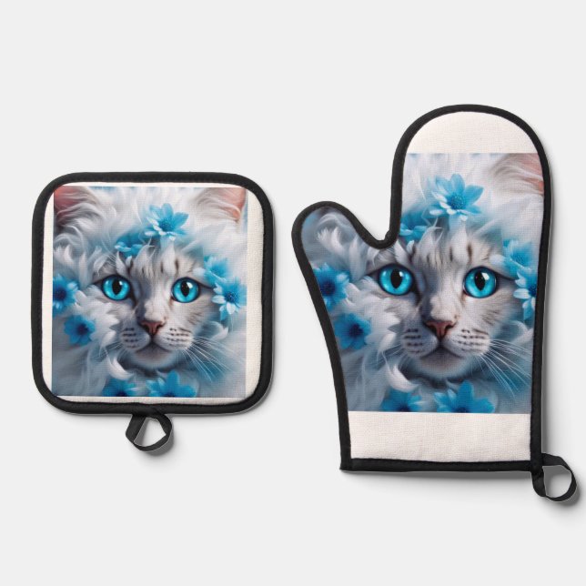 Set De Manoplas Un gato blanco ojos hermosos  (Anverso)