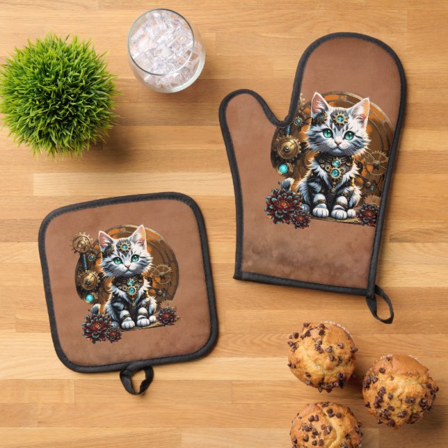 Set De Manoplas Un pequeño y bonito gatito de estilo steampunk. (De arriba hacia abajo)