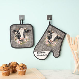 Set De Manoplas Vaca Holstein en blanco y negro con flores