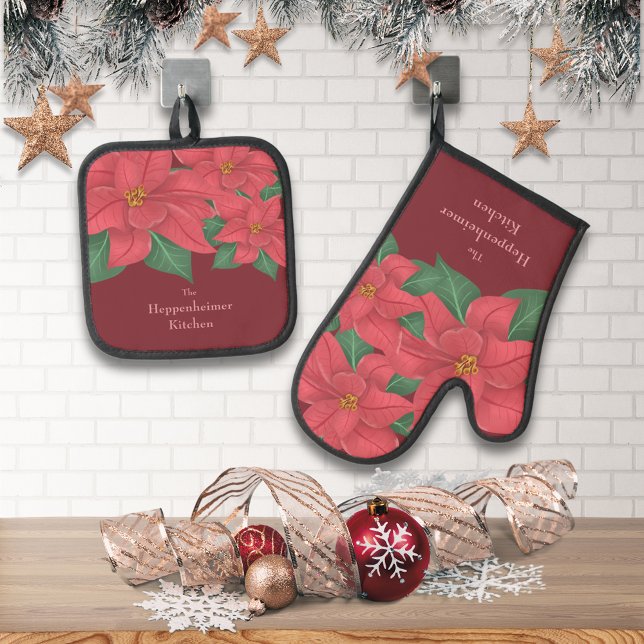 Set De Manoplas Vacaciones familiares de Poinsettias Rojas en colo (Watercolor Red Poinsettias Family Holiday Oven Mitt & Pot Holder Set)