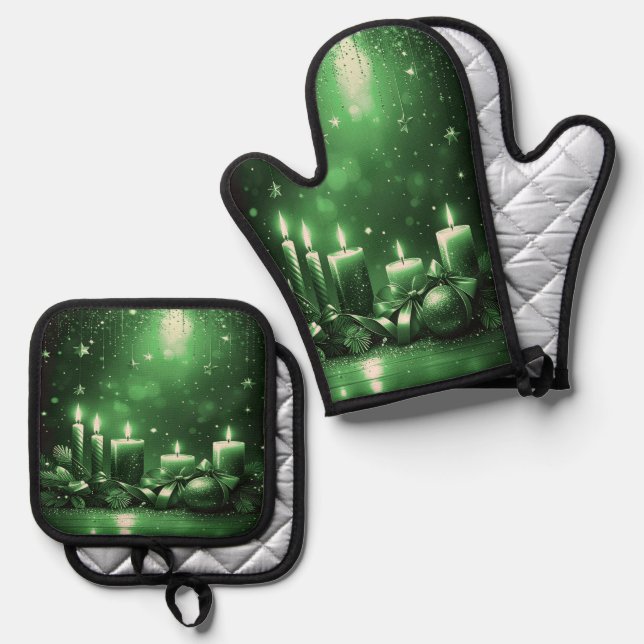 Set De Manoplas Velas Verdes de Navidad (Anverso/Reverso)