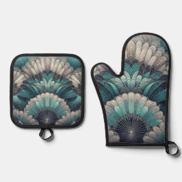 Set De Manoplas Ventiladores Art Nouveau Blue Silver