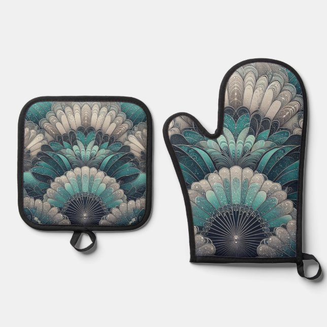 Set De Manoplas Ventiladores Art Nouveau Blue Silver (Anverso)