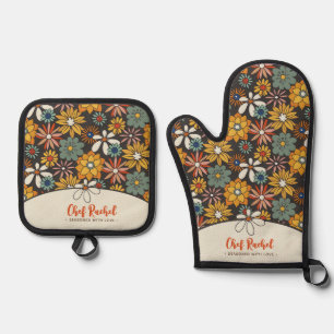 Set De Manoplas Verde azulado retro floral marrón oro