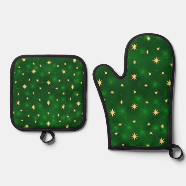 SET DE MANOPLAS VERDE BRILLANTE CON ESTRELLAS DE ORO (Anverso)