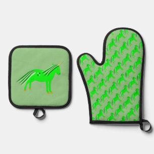 Set De Manoplas Verde irlandés lindo y unicornio de oro
