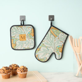 Set De Manoplas Verde monograma lindo verde botánico verde amarill