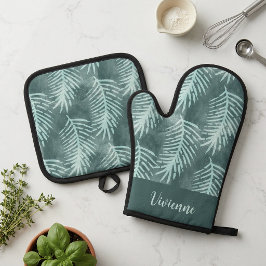 Set De Manoplas Verde Turquesa Boho Tropical Hoja Monograma Nombre