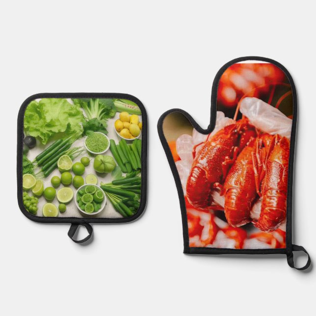 Set De Manoplas Verduras verdes y langostas picantes (Anverso)